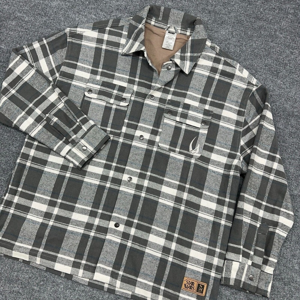 Disney Star Wars Mandalorian Shacket Mens Large L Gray Plaid Flannel Lined Grogu